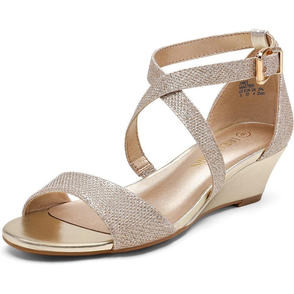 Women's Gold Low Wedge Ankle Open Toe Strap Soft Faux Heel Sandals Shoes